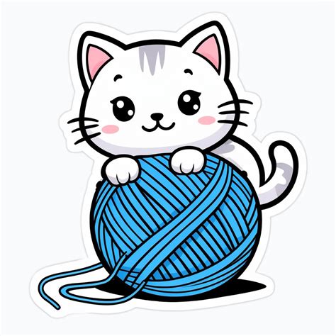 Adorable Cartoon White Kitten with Blue Yarn Ball Sticker - Playground