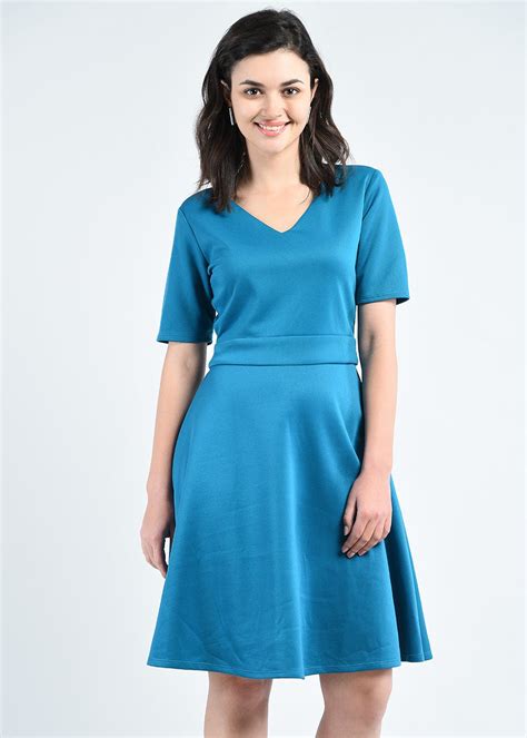Get Basic Solid V-Neck Fit & Flare Dress at ₹ 1199 | LBB Shop
