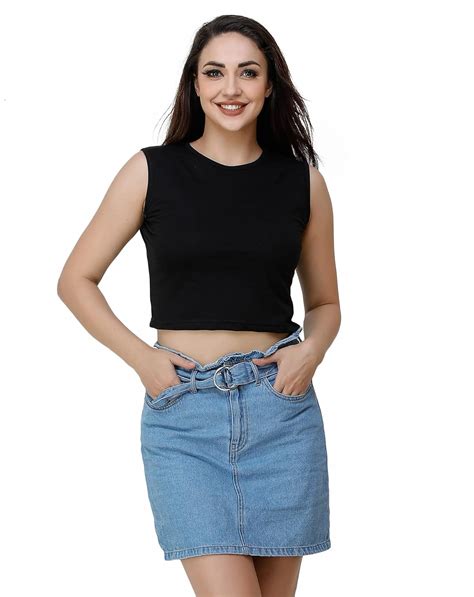 Clafoutis Round Neck Slim Fit Crop top for Women Black : Amazon.in: Fashion
