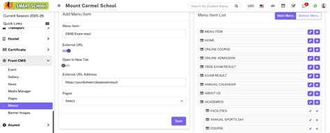 How to show CBSE exam result tab on front site? - Smart School : School ...