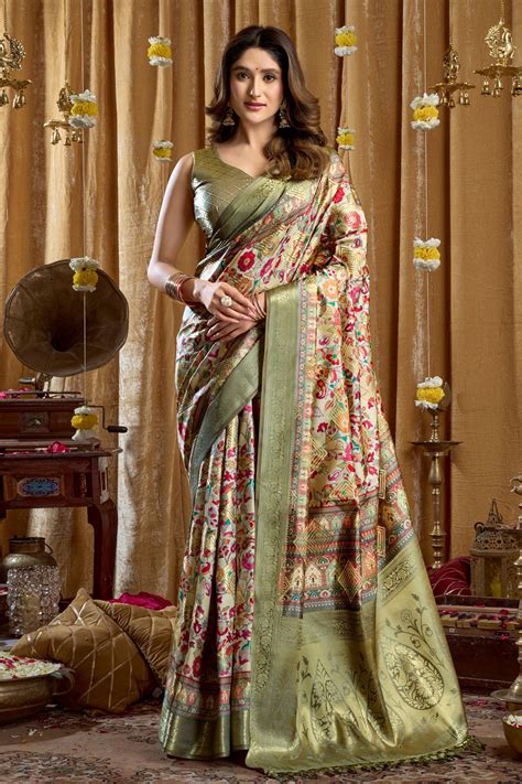 Olive Green Floral Banarasi Silk Saree with Rich Zari Border ...
