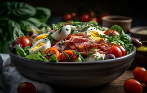 Wallpaper greens, table, food, eggs, meat, bowl, tomatoes, dish for ...
