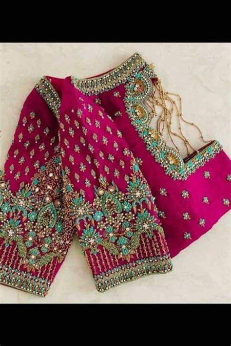 Buy Rani Pink Blue Maggam Work Aari Work Handmade Blouse Aari Online in ...