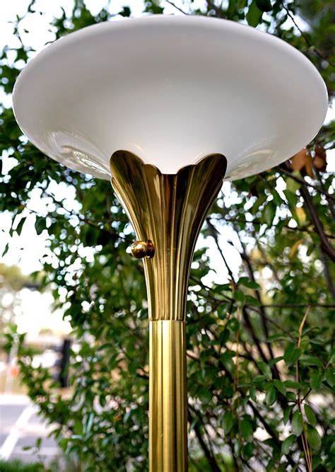 Art Deco Lotus Flower Stiffel Vintage Brass Floor Lamp with Glass Shade ...