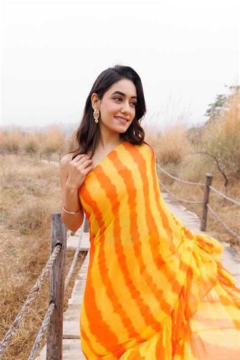 Orange & Yellow Ready-To-Wear Leheriya Chiffon Saree With Ruffles ...