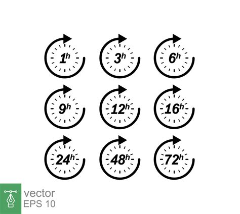 conjunto de iconos de hora. reloj flecha 1, 3, 6, 9, 12, 16, 24, 48, 72 ...