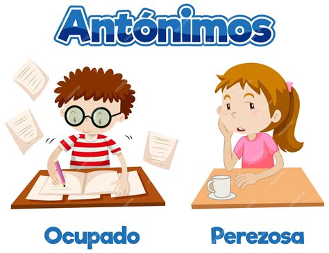 Premium Vector | Busy and lazy education antonyms in spanish language