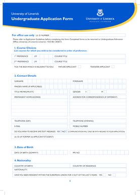University of Limerick Undergraduate Application Form - Blank Fillable ...