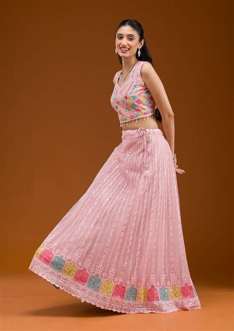 Buy Baby Pink Threadwork Net Readymade Lehenga - Koskii