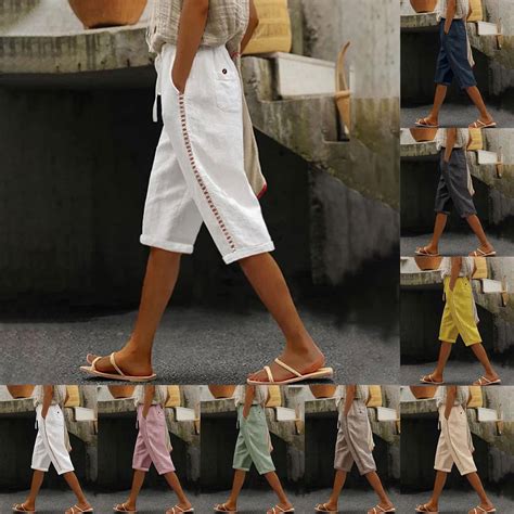Frostluinai Women Linen Shorts Casual Knee Length Bermuda Shorts with ...