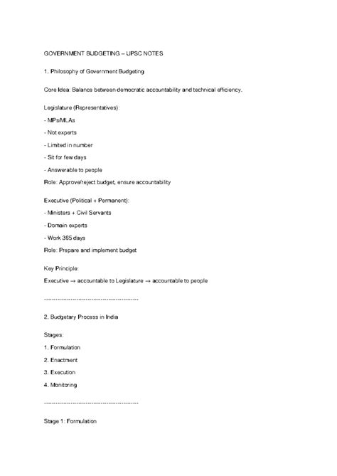 UPSC GOVERNMENT BUDGETING NOTES: Key Principles & Process - Studocu