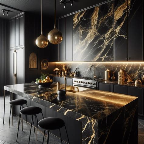 Black and Gold Kitchen Marble Countertops with Gold Veins | Modern gold ...