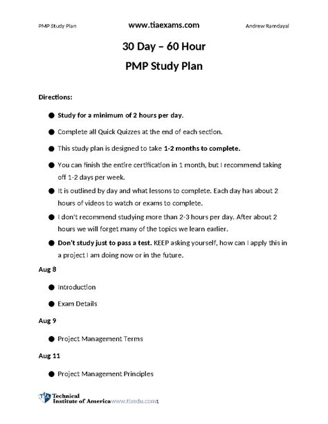 30 Day study Plan - test - 30 Day – 60 Hour PMP Study Plan Directions ...