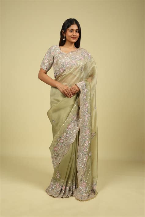 Light Green Organza Saree with Sequin & Thread Embroidery Motifs | Buy ...