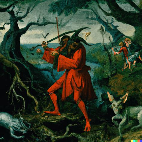 A painting by Hieronymous Bosch depicting the devil playing the violin in a forest and ...