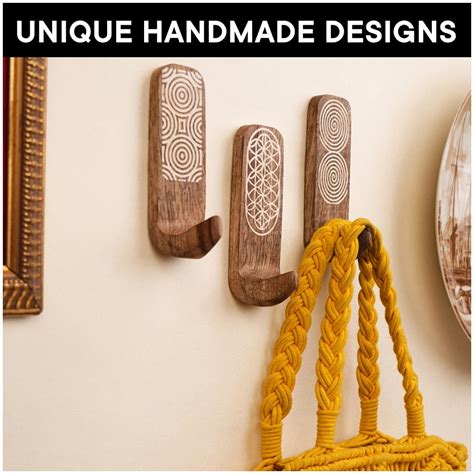 3 Pieces Designer Wooden Adhesive Wall Hooks With Geometric Patterns