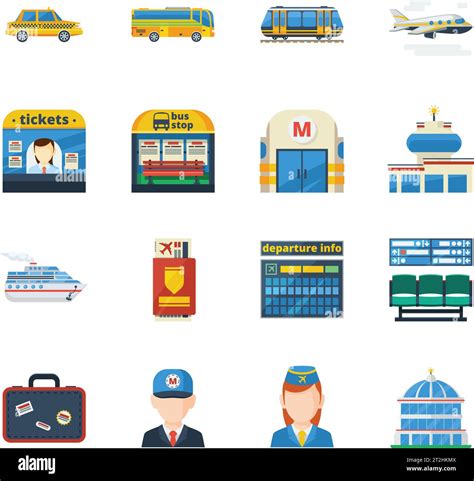 Passenger transportation flat icons set of jet plane bus taxi subway ...