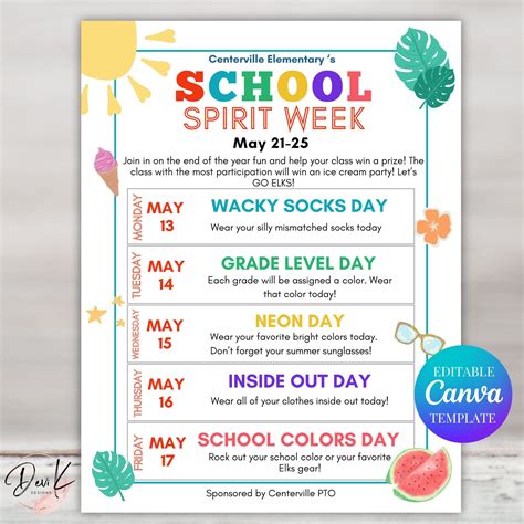 Summer Spirit Week Flyer Template, Editable, Printable, Summer Themed ...