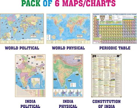 NCP Pack of 6 Maps India Political Map + India Physical Map, World ...