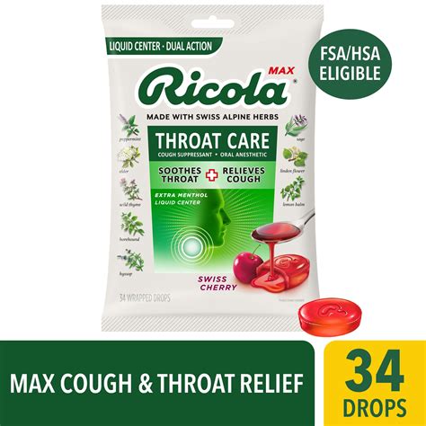 Ricola Max Throat Care Swiss Cherry Cough Drops, Cough Suppressant - 34 ...