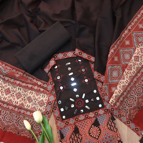 Amara Ruby Red Mirror Neck Work Patch Ajrak Print Cotton Suit Set D3 ...