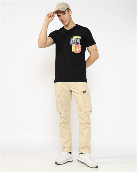 Slim Straight Fit Mid Rise Beige Cargo Trousers