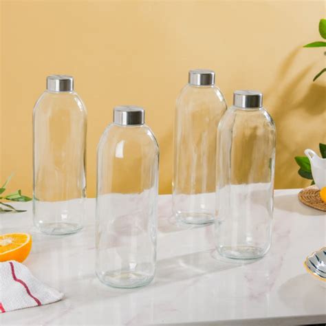 Borosilicate Glass Water Bottle Set of 4 - Glass Water Bottle 1 Ltr ...