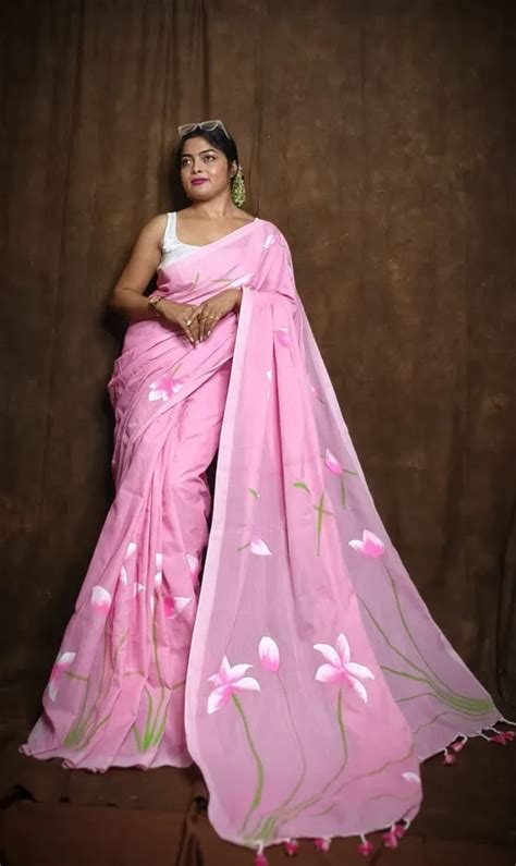 T.J. SAREES Pink Handloom Premium Quality Pure Cotton Hand Print Saree ...