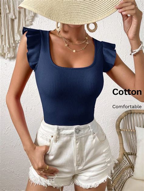 SHEIN VCAY Solid Color Ribbed Knit Cap Sleeve Tee | SHEIN USA