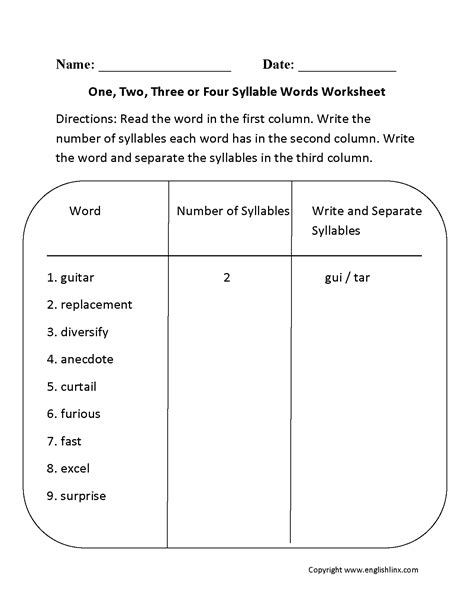 Syllables Worksheets | One, Two, Three, or Four Syllable Words Worksheet