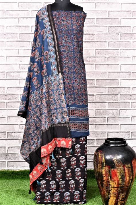 Indigo Black Unstitched Cotton Chanderi Ajrakh Suit- House Of Elegance ...