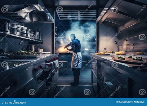 Person, Cooking Up a Storm in Modern and Sleek Restaurant Kitchen Stock Illustration ...