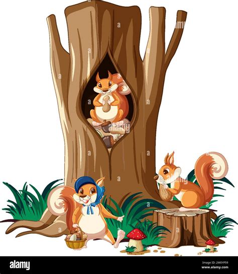 Three squirrels eating nuts in garden illustration Stock Vector Image ...