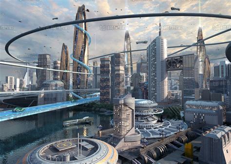 写实科幻未来城市鸟瞰CBD场景，科幻，未来城市，CBD，悬浮道路，科技未来，飞行器，飞船，科技感高层-科幻场景-场景-渲图-CG模型网