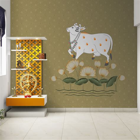 White Cow and Lotuses, Pichwai Wallpaper | Life n Colors