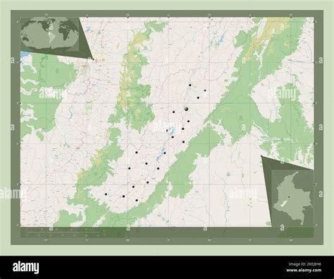 Huila, department of Colombia. Open Street Map. Locations of major cities of the region. Corner ...