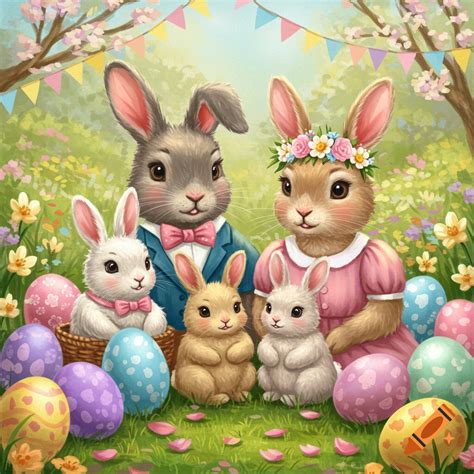 A family of cute Easter bunnies sitting among colorful Easter eggs and ...