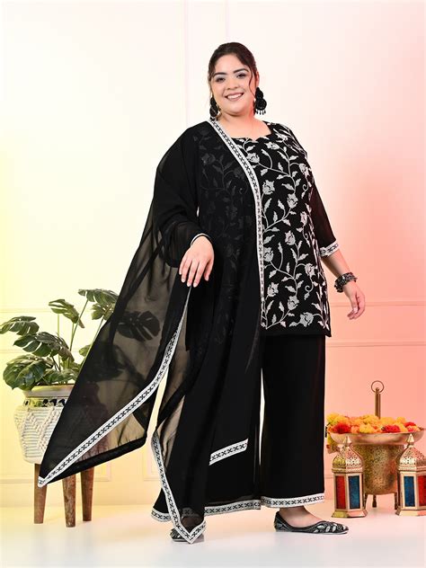 Plus Size Black Sequin Embroidered Kurta Set with Dupatta – DESINOOR.COM