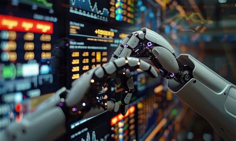 A robotic hand engaged with a laptop, illustrating stock market trends through data visualizations