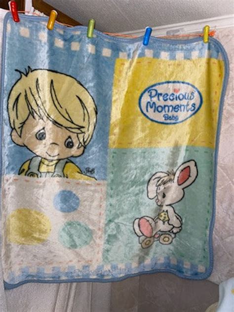 Vintage Precious Moments Baby Blanket Blonde White Pink Bunny Circles ...