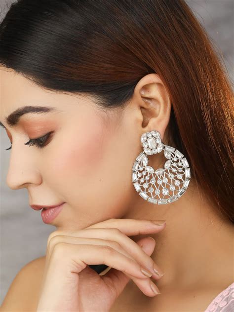 Stone Studded Silver Plated Chandbali – Priyaasi