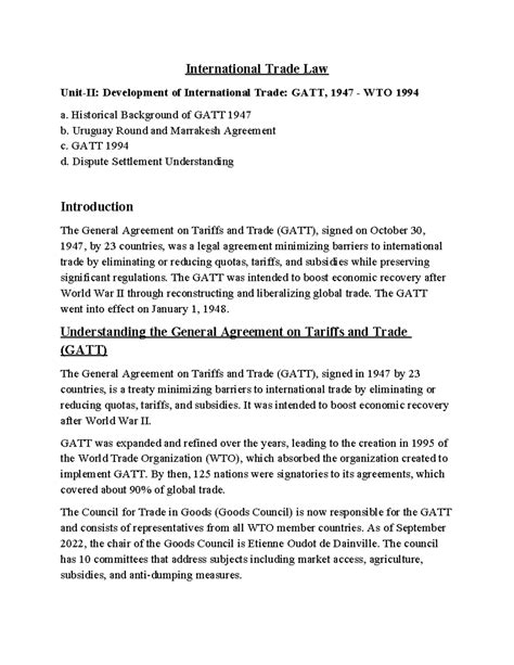 International Trade Law (ITL) Unit 2: GATT 1947 to WTO 1994 Overview ...