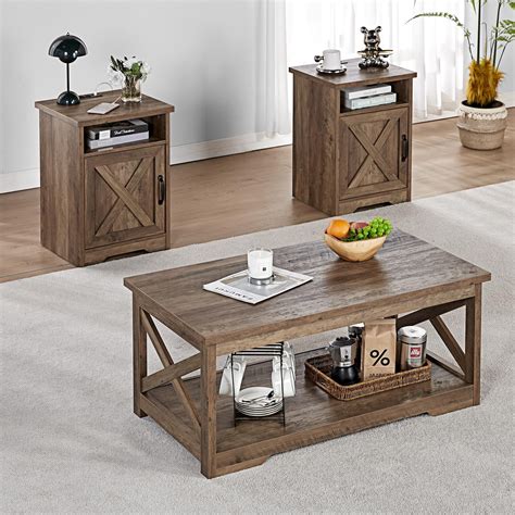 LUXOAK 3-Piece Farmhouse Table Set, Coffee Table & Two End Tables with ...