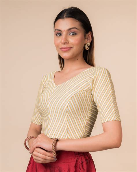 Cream Gold Stretchable Blouse | Designer V Neck Elbow Sleeve | Advi ...