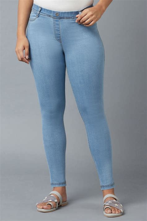 Ice Blue Solid Skinny-fit Denim Jeggings with Elasticated Waist – wforwoman