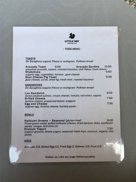 Menu at Little Roy Coffee Co. cafe, New York City, Nostrand Ave.