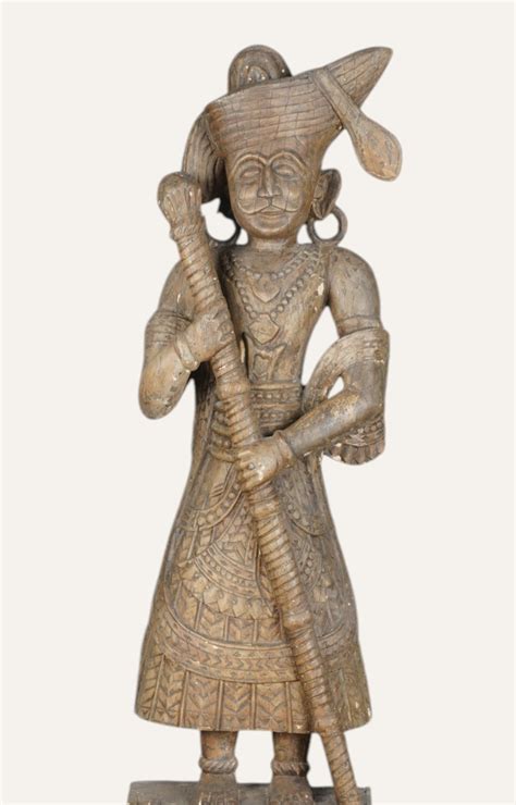 Rare Hand-Carved Indian Tribal Man Wooden Figure on Stand