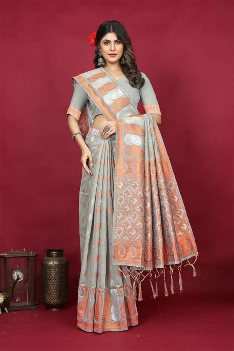 Traditional Grey Linen Silk Saree With Admirable Blouse Piece ...
