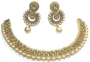 Buy Shree Mauli Creation Golden Alloy Stone Polki Drop Necklace Set for ...
