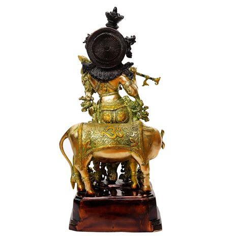 Divine Lord Krishna Sitting on Cow & Playing Flute Handcrafted Brass ...